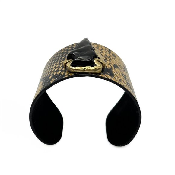 Snakeskin Print Bracelet Cuff Black Simulated Stone Arrowhead Southwest Chunky - Picture 3 of 16